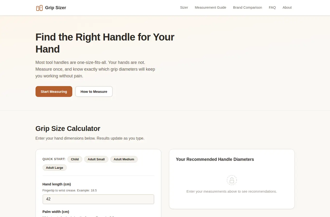 Screenshot of Hand Tool Ergonomic Grip Sizer interface showing the project page in use